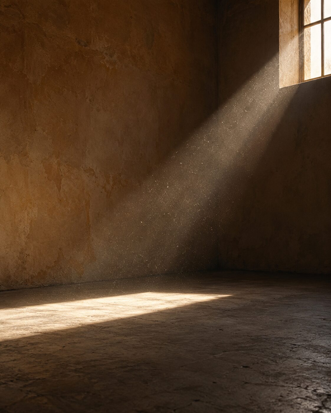 A bare plaster room with a hard shaft of daylight from a high window crossing the floor, airborne dust visible in the beam.