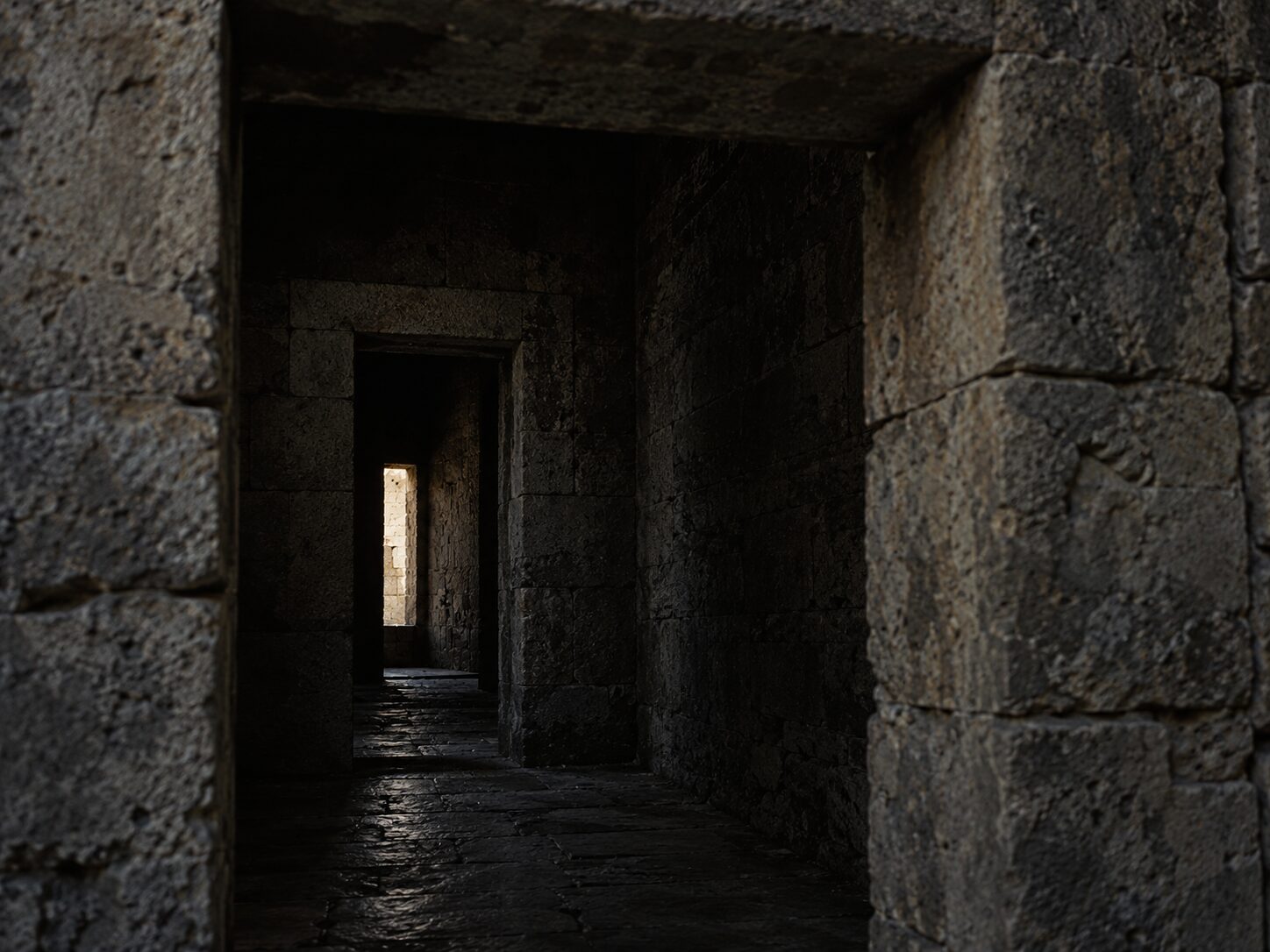 A dark stone corridor of nested doorways, the far opening showing a narrow sliver of pale daylight.