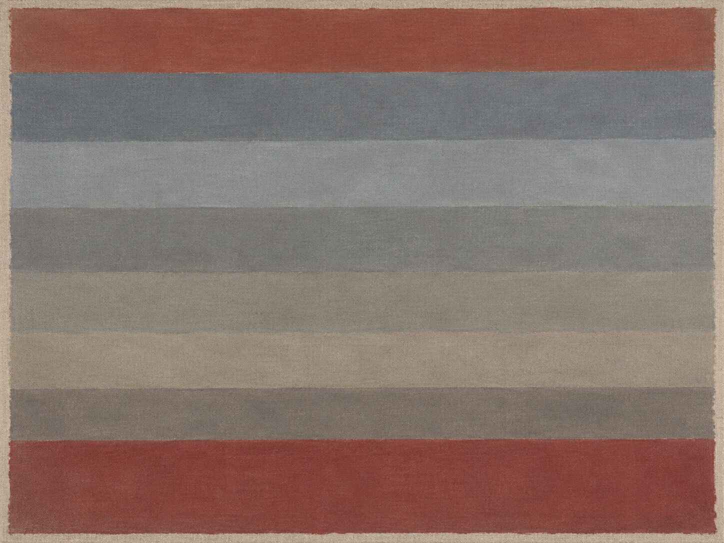 A colour-field painting in six muted greys bounded by two desaturated earth-red bands, linen weave visible at the edges.
