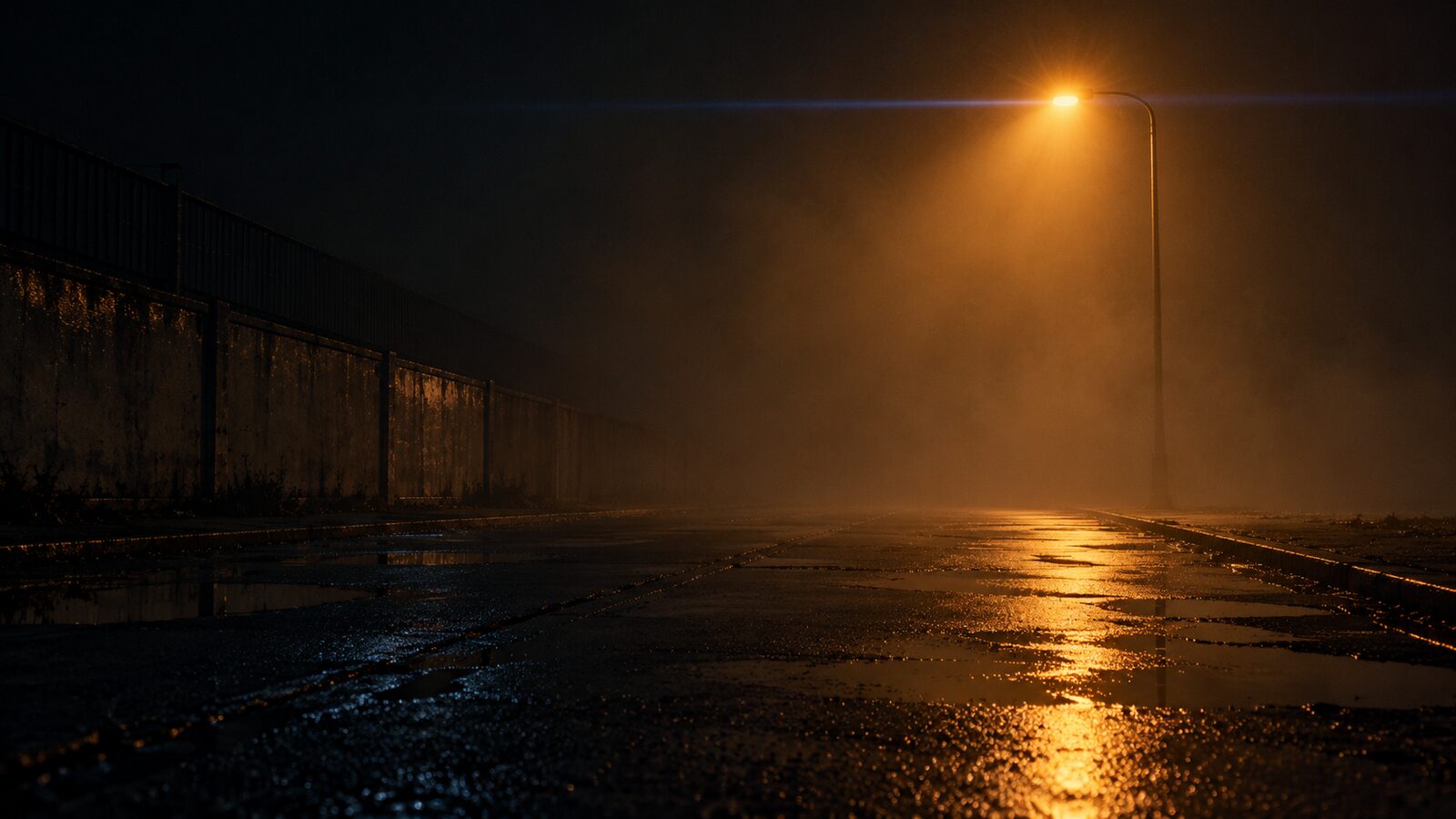 An empty wet street at night under a single sodium lamp, fog suspending the light cone, reflections in the standing water.